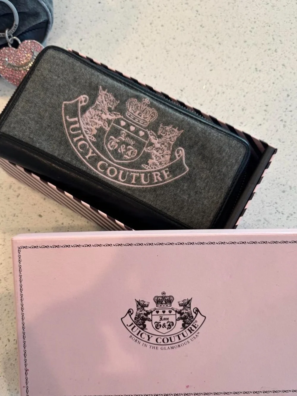 Vintage Juicy Couture Grey/Pink Hobo Bag + Bag Charm + Matching Wallet & Box